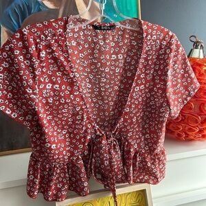 SHEIN Red Floral Tie Front Peplum Blouse Women’s Boho Cottagecore Crop Top